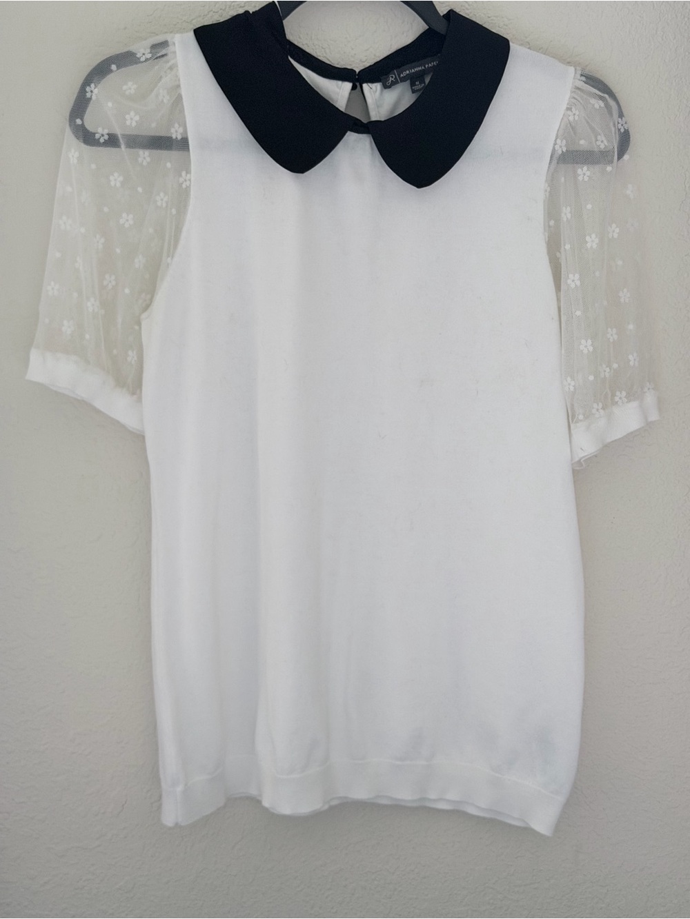 Adrianna Papell White Blouse with Black Peter Pan Collar